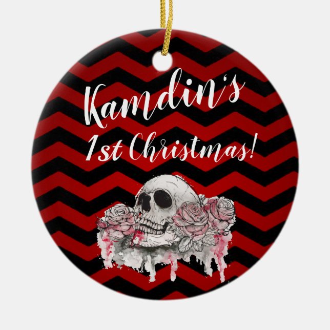 Personalised XMAS Ornament skull Rose goth Chevron (Front)
