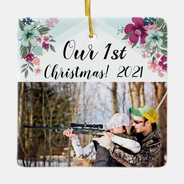 Personalised XMAS Ornament Tropical Flowers on Blu (Front)