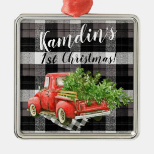 Personalised XMAS Ornament Truck Buffalo Plaid Bla
