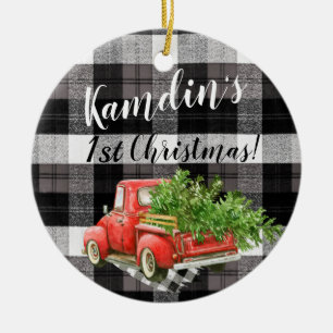 Personalised XMAS Ornament Truck Buffalo Plaid Bla