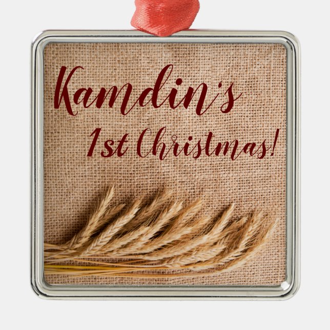 Personalised XMAS Ornament Wheat on Burlap Sack Co (Front)