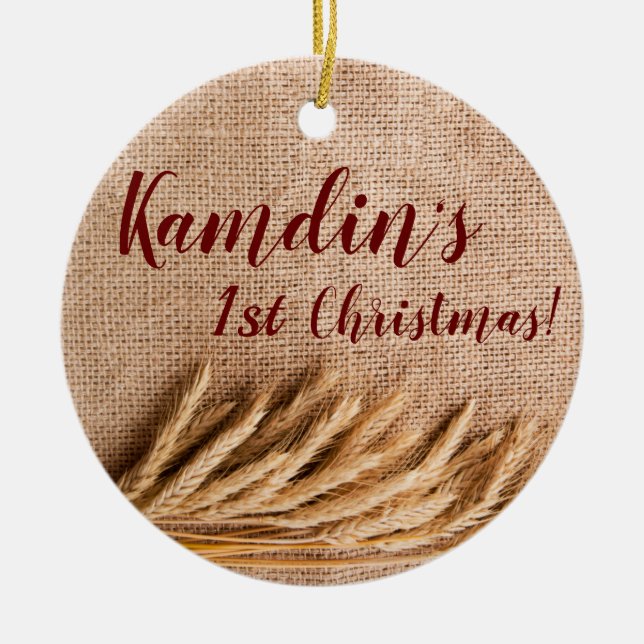 Personalised XMAS Ornament Wheat on Burlap Sack Co (Front)