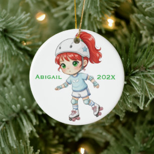 Personalised Xmas Red Hair Girl Roller Skating Ceramic Ornament