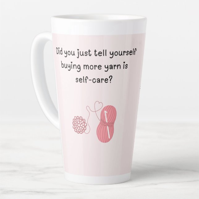 Personalised “Yarn Is Self-Care” Latte Mug (Left Angle)