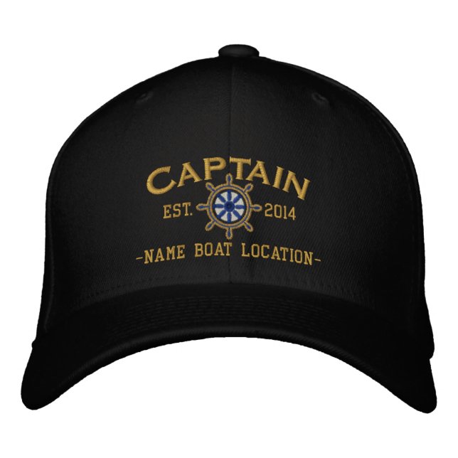 Personalised YEAR and Names Captain Wheel Embroidered Hat (Front)