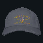 Personalised YEAR and Names First Mate Gold Anchor Embroidered Hat<br><div class="desc">Easily personalise this first mate embroidery nautical style. An original casual fashion embroidered baseball hat sure to make an impression on, or off the boat. Here's a selection of fine custom casual embroidered baseball caps; in a nautical style, you can easily personalise to make it as unique as you are....</div>