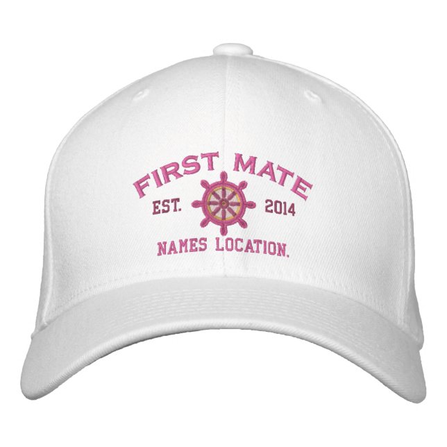 Personalised YEAR and Names First Mate Wheel Embroidered Hat (Front)