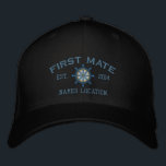 Personalised YEAR and Names First Mate Wheel Embroidered Hat<br><div class="desc">A personalised first mate embroidery nautical style. An original casual fashion embroidered baseball cap sure to make an impression on, or off the boat. Here's a selection of fine custom casual embroidered baseball caps; in a nautical style, you can easily personalise to make it as unique as you are. Use...</div>