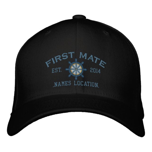 Personalised YEAR and Names First Mate Wheel Embroidered Hat (Front)