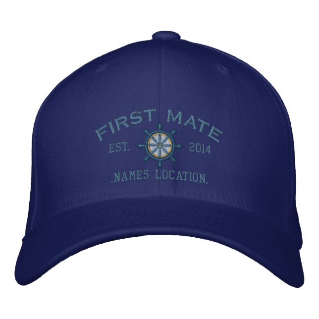 Personalised YEAR and Names First Mate Wheel Embroidered Hat (Front)