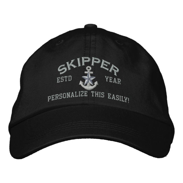 Personalised YEAR and Names Skipper Silver Star Embroidered Hat (Front)