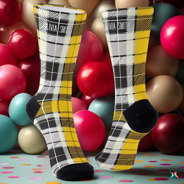 Personalised Yellow and Black Tartan Plaid Custom Socks (Creator Uploaded)