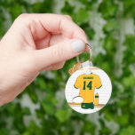 Personalised Yellow and Green Rugby Jersey Key Ring<br><div class="desc">A unique and fun sports design with a personalised golden yellow and dark green rugby jersey hanging in a changing room with rugby ball and water bottle which is fully customisable with your own name and number. An ideal gift for any football rugby player or fan or use for rugby...</div>