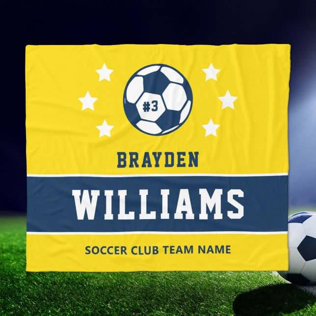 Personalised Yellow and Navy Soccer Player Name Fleece Blanket (Creator Uploaded)