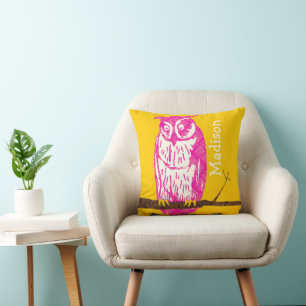 Personalised Yellow and Pink Baby Girl Vintage Owl Cushion