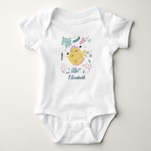 Personalised Yellow and Pink Fish Sea Life Ocean Baby Bodysuit (Front)