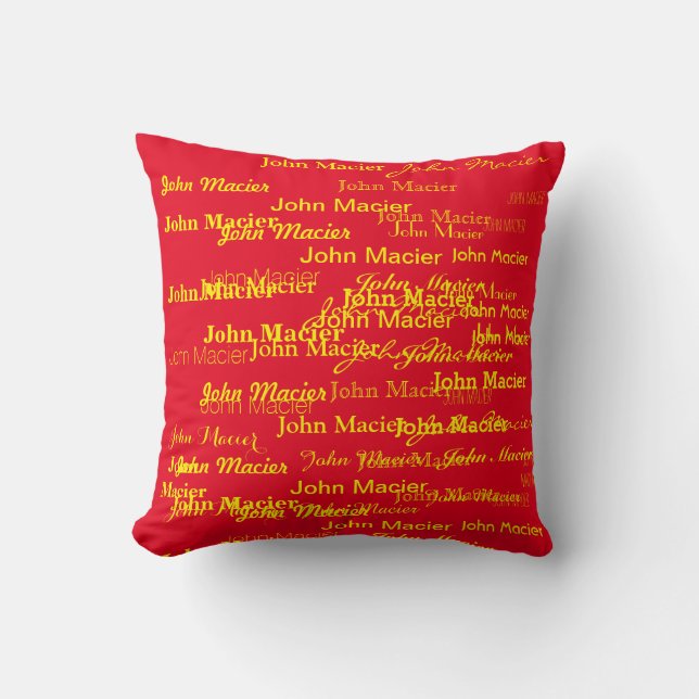 personalised yellow and red, cool typography cushion (Front)