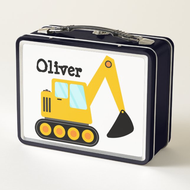 Personalised Yellow Backhoe Truck Loader Metal Lunch Box (Back)