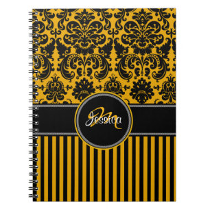 Personalised Yellow Black White Striped Damask Notebook
