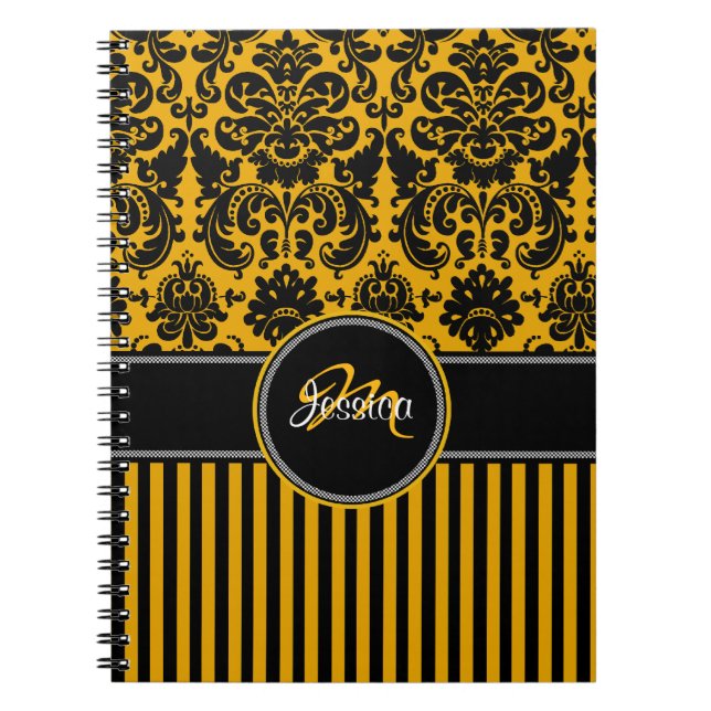 Personalised Yellow Black White Striped Damask Notebook (Front)