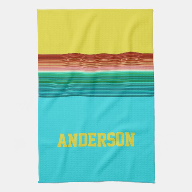 Personalised Yellow Blue Multicolor Stripe Pattern Tea Towel (Vertical)