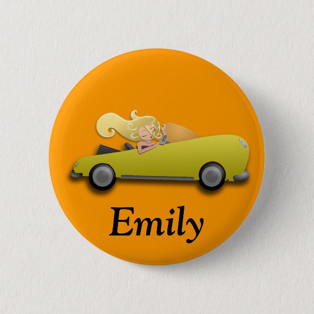 Personalised Yellow Car and Girl Button (Front)