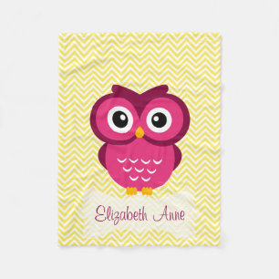 Personalised Yellow Chevron Pink Owl Fleece Blanket