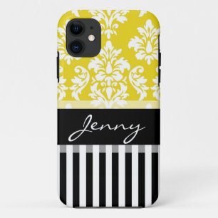 Personalised Yellow Damask Black Stripes iPhone 11 Case