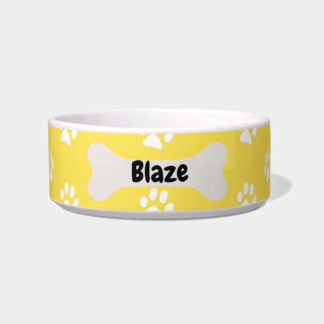 Personalised  Yellow Dog Puppy Paw Print Bowl (Front)