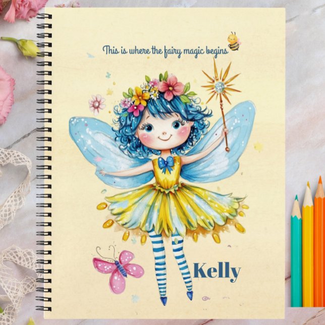 Personalised Yellow Fairy Notebook and Journal (Personalized Pastel Yellow Fairy Notebook – Cute Watercolor Fairy Journal for Girls – Custom Name St)