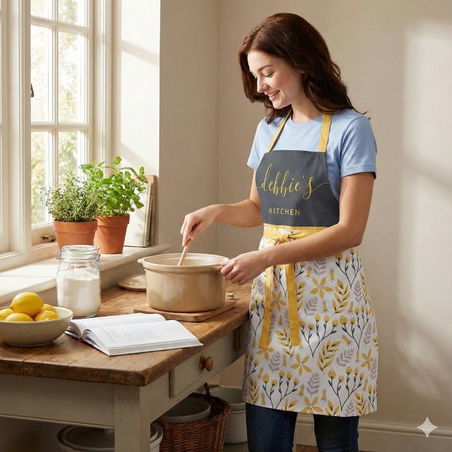 Personalised Yellow Floral All-Over Print Apron (This beautiful personalized apron would make a great bridal shower or birthday gift! )