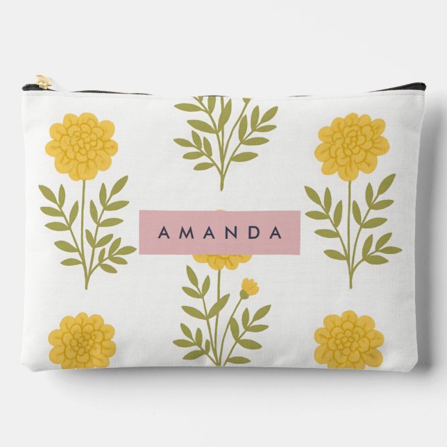 Personalised Yellow Flower and Green Leaf Pattern Accessory Pouch (Front)
