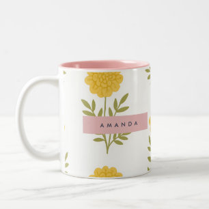 Personalised Yellow Flower and Green Leaf Pattern Two-Tone Coffee Mug