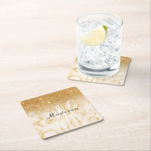 Personalised Yellow Gold Glitter Monogram Marble Square Paper Coaster