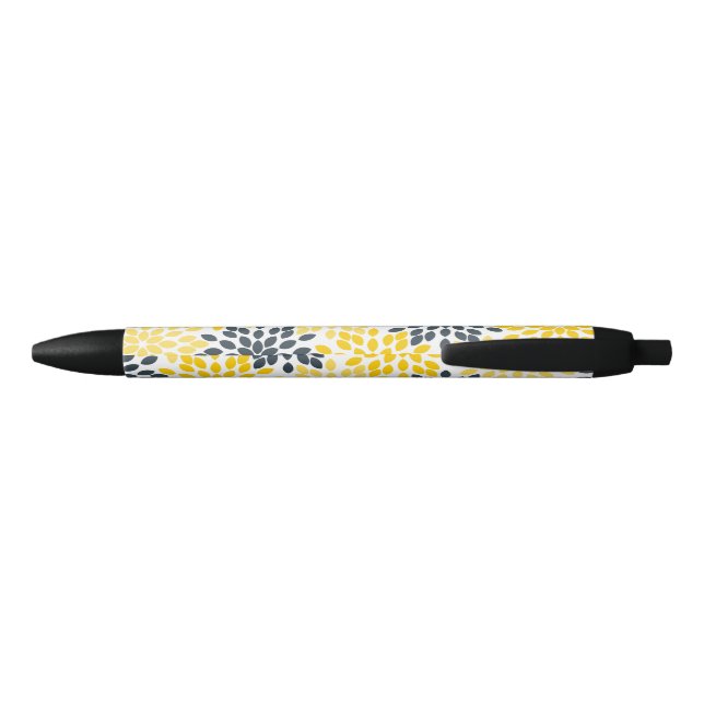Personalised Yellow, Grey Charcoal Modern Floral Black Ink Pen (Back)