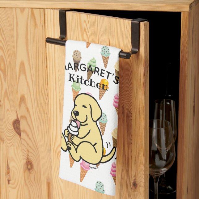 Personalised Yellow Lab Licking Ice Cream Tea Towel (Thirds Fold)