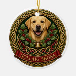 Personalised Yellow Lab Nollaig Shona Knot Ceramic Ornament