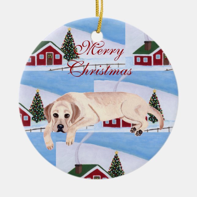 Personalised Yellow Lab Puppy Christmas Ceramic Tree Decoration (Front)