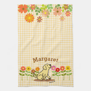 Personalised Yellow Labrador and Many Flowers Tea Towel