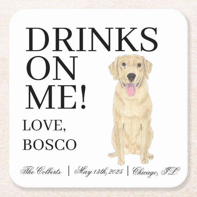 Personalised Yellow Labrador Dog Wedding Square Paper Coaster (Front)