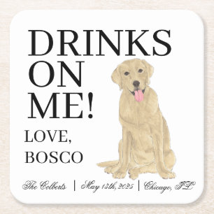 Personalised Yellow Labrador Dog Wedding Square Paper Coaster