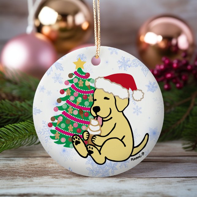 Personalised Yellow Labrador Ice Cream Ceramic Ornament (Personalized Yellow Labrador Ice Cream Christmas Ornament for Yellow Labrador Owners.  Cartoon Style)