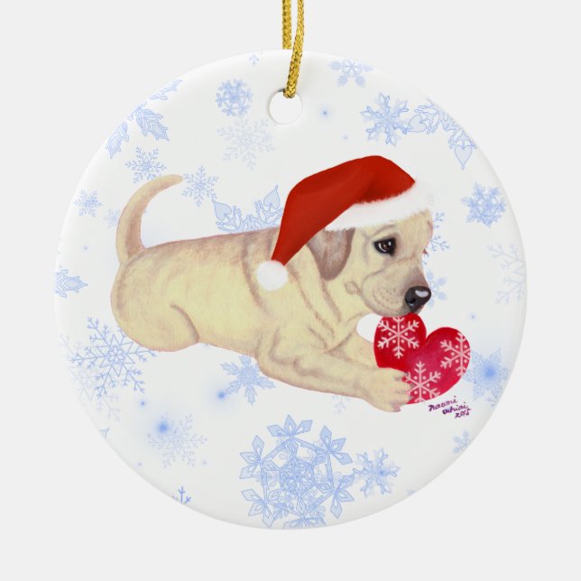Personalised Yellow Labrador Puppy Santa's Hat Ceramic Ornament (Front)