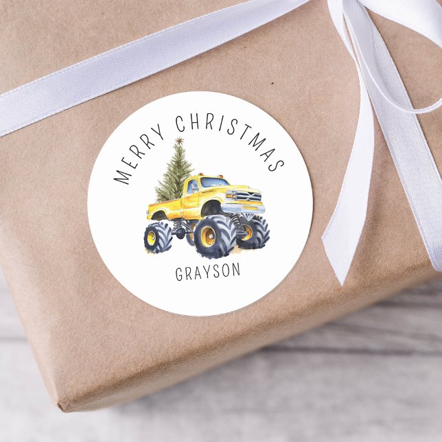 Personalised Yellow Monster Truck Christmas Gift Classic Round Sticker (Creator Uploaded)