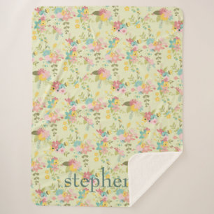 Personalised Yellow Pihk Green Florals Sherpa Blanket