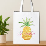 Personalised Yellow Pineapple  Pink Girl's Name Reusable Grocery Bag<br><div class="desc">This cute personalizable reusable grocery bag is full of summer style. 
It features a yellow watercolor pineapple and pink typography.
You can customise this bag by changing the name.
Original Watercolor © Michele Davies.</div>