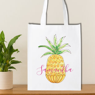 Personalised Yellow Pineapple  Pink Girl's Name Reusable Grocery Bag