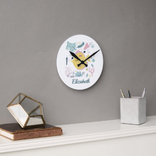 Personalised Yellow Pink Fish Sea Ocean Nursery Round Clock