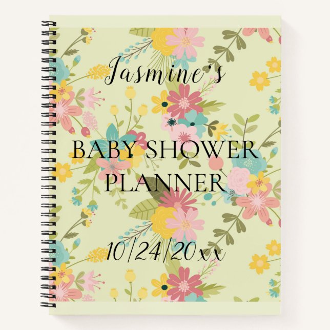 Personalised Yellow Pink Green Florals Baby Shower Notebook (Front)