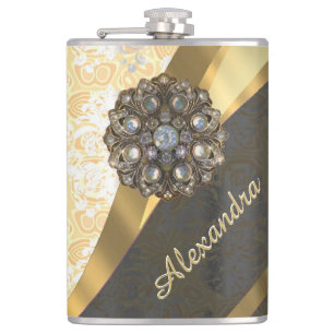 Personalised yellow pretty girly damask pattern hip flask